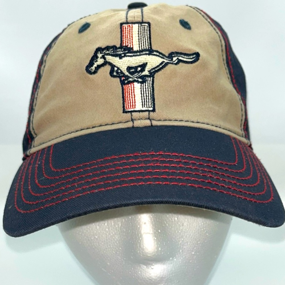 Licensed FORD Mustang Blue & Tan Cap. Adjustable.  6 Panel, Heavy Denim Cotton.